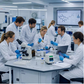 Scientists collaborating on peptide research and development