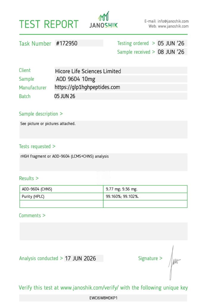 AOD 9604 10mg COA certificate of analysis test report