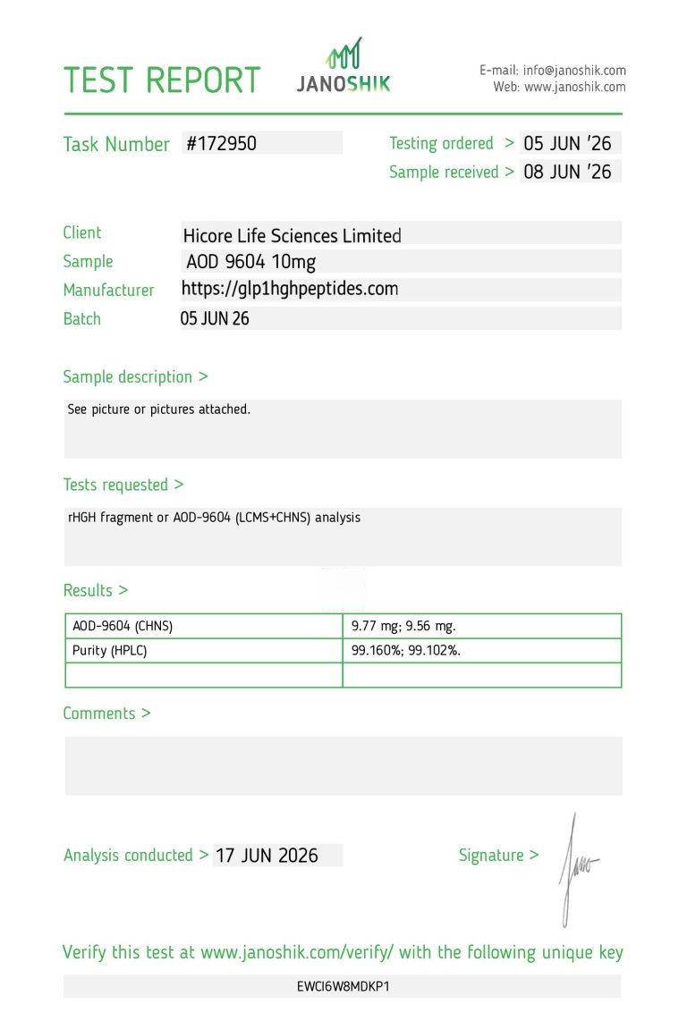 AOD 9604 10mg COA certificate of analysis test report