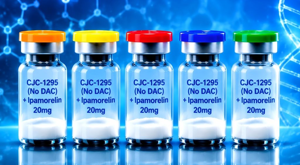 CJC-1295 (No DAC) + Ipamorelin two-component secretagogue research blend in laboratory research packaging