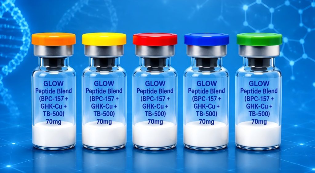 GLOW Peptide Blend (BPC-157 + GHK-Cu + TB-500) multi-component research peptide blend in laboratory research packaging