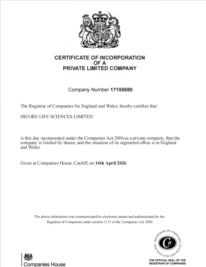 HICORE Life Sciences Certificate of Incorporation factory certificate document