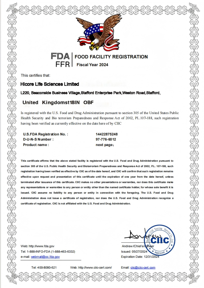 HICORE Life Sciences FDA Registration Certificate factory certificate document