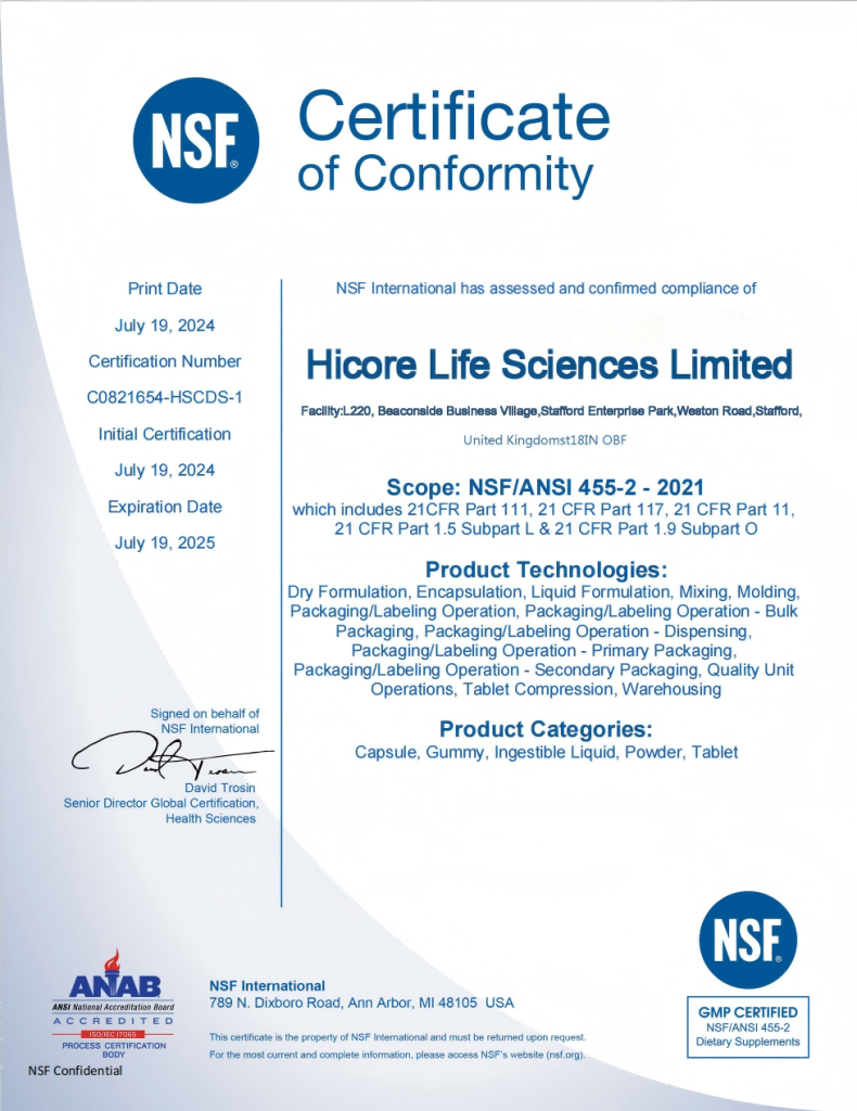 HICORE Life Sciences NSF Certification factory certificate document