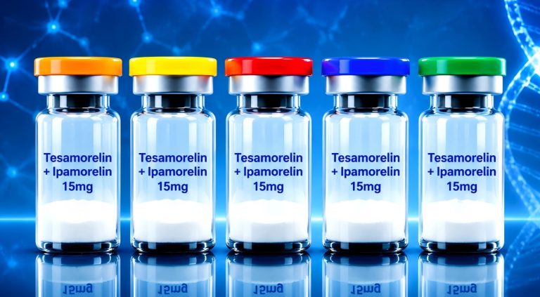 Tesamorelin + Ipamorelin two-component secretagogue research blend in laboratory research packaging