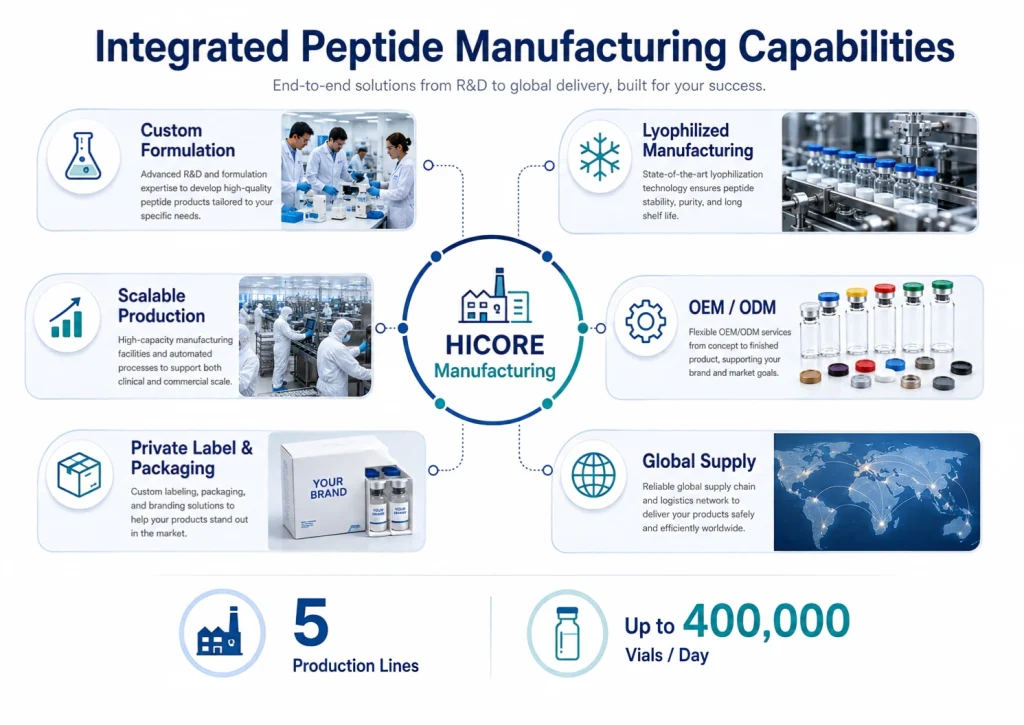 Integrated peptide manufacturing capabilities including formulation, lyophilization, OEM ODM, private label packaging and global supply
