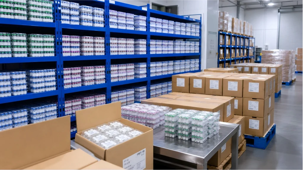 Large-volume peptide product inventory and packaging for global B2B supply