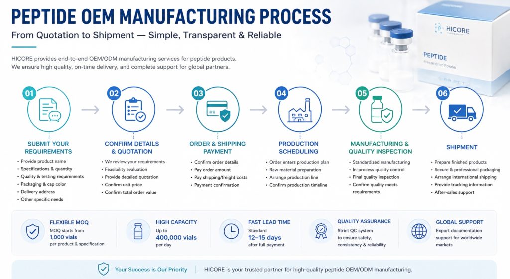Peptide OEM manufacturing process from quotation and order confirmation to production, quality inspection and shipment