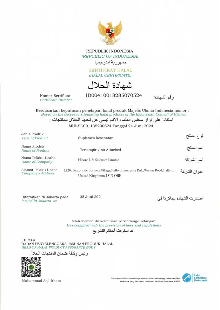 HICORE LIFE SCIENCES Halal Certificate – Indonesia