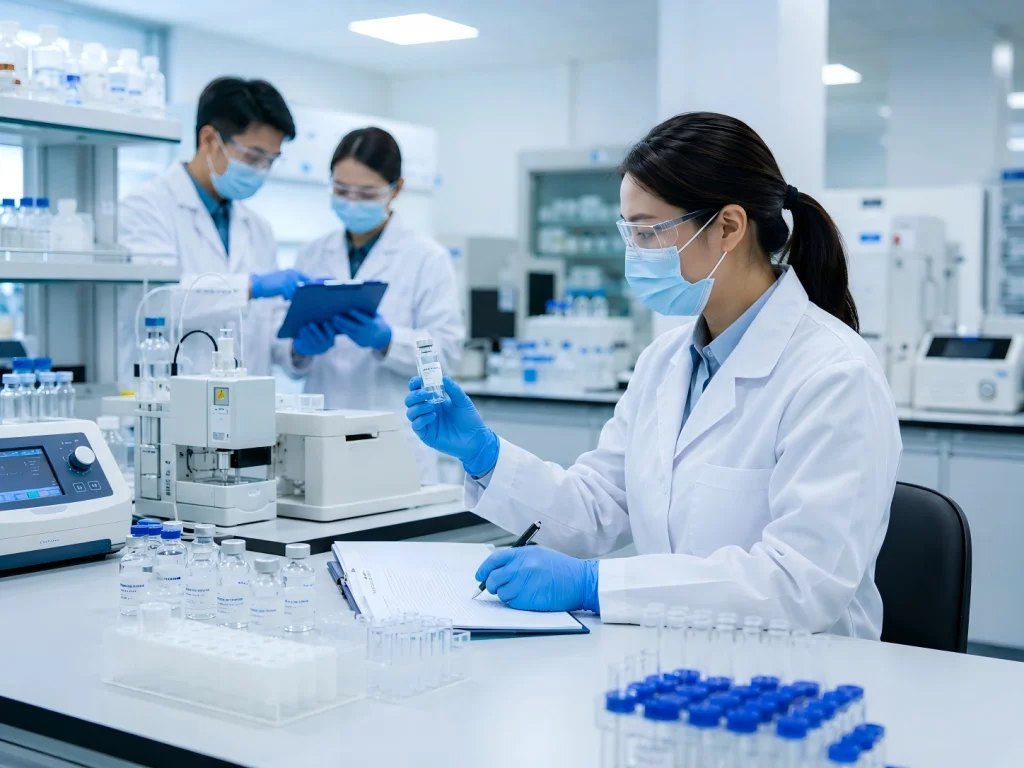Finished peptide product testing and batch quality review in a laboratory