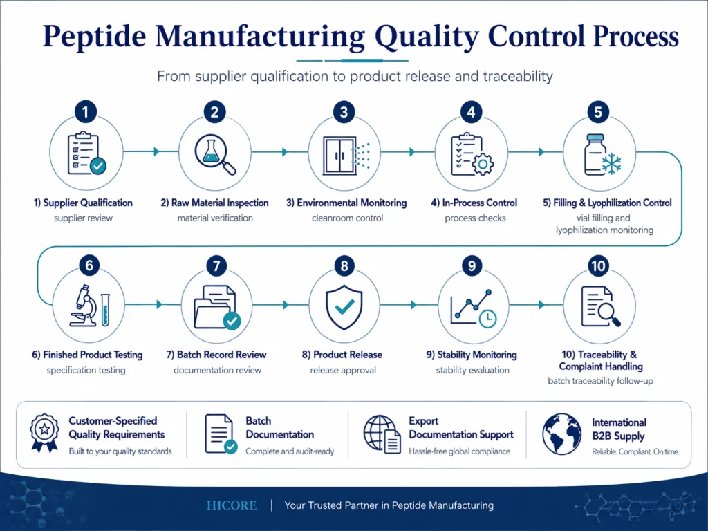 Peptide manufacturing quality control process from supplier qualification to product release and traceability