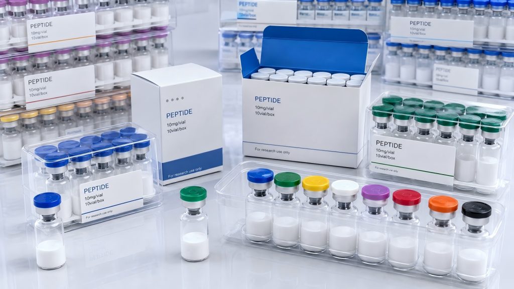 Private label peptide vials with custom packaging and cap color options