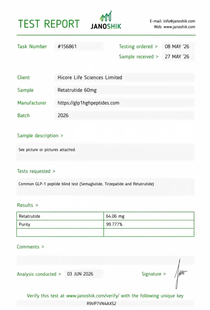 Retatrutide 60mg Certificate of Analysis (COA), Report – HICORE LIFE SCIENCES